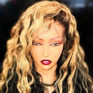 Full frontal honey blonde and black lace human hair wig
